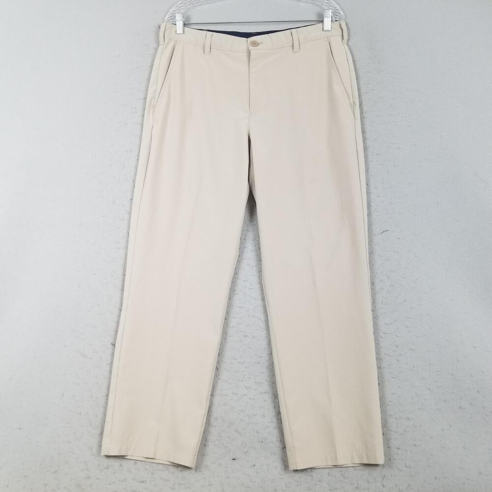 IZOD Golf Pants Mens 34x30 Beige Polyester Stretch Flat Front Khakis Performance